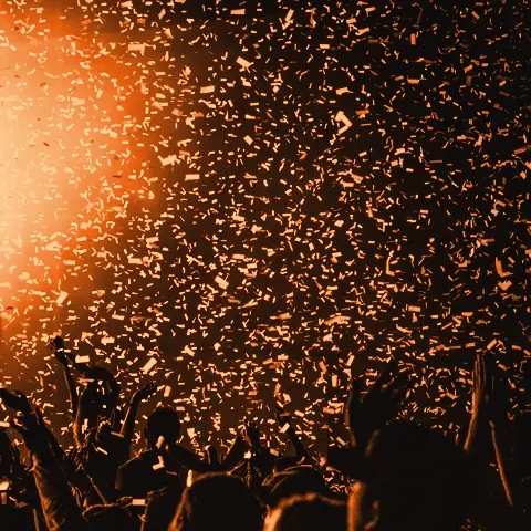 Silhouettes de fêtards bras levés sous une pluie de confettis éclairés par un projecteur
